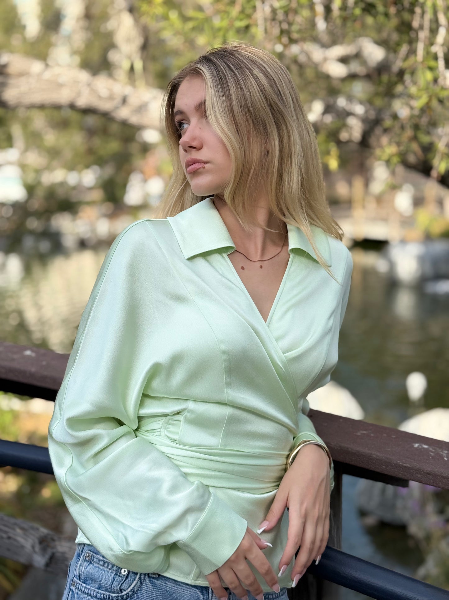 Spring Long-Sleeve Wrap blouse